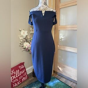 Boohoo Off Shoulder Bodycon Midi Women's Dress Size 10 Navy Blue